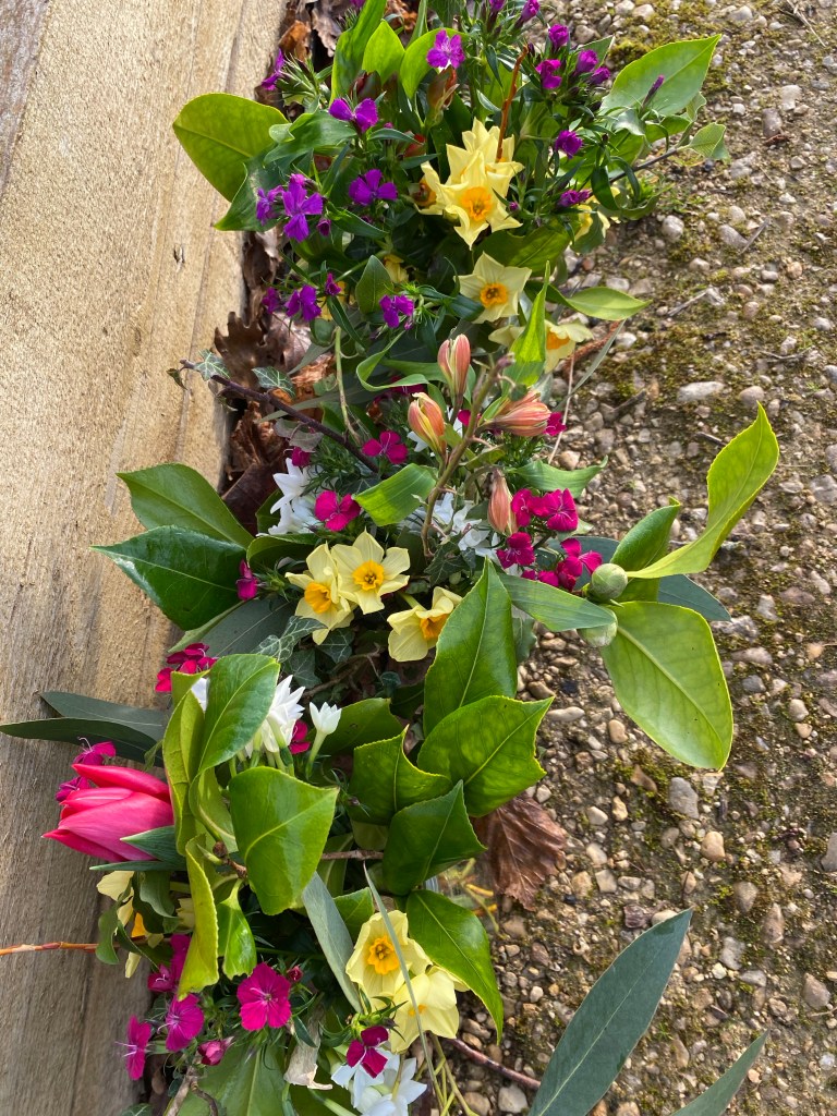 Jam jars filled and ready for sale for ‘Friday Flowers’ 