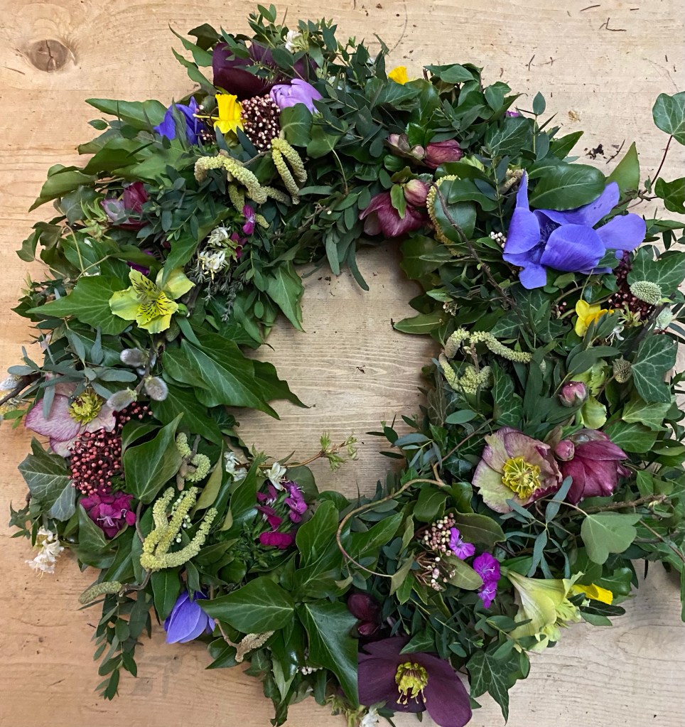 A natural, seasonal, 100% compostable wreath by flowers at Friesland Farm, Shilton, Oxon 